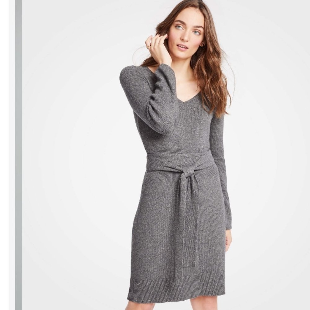 Ann Taylor Tie Waist Melange Wool Blend Sweater Dress Grey XS